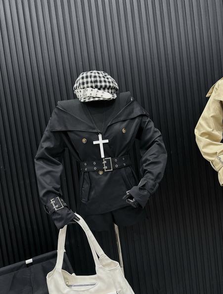 Product image - set bộ áo khoác dài tay kèm đai phối quàn đùi