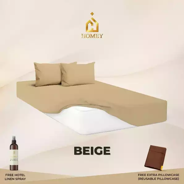 Product image - Beige - 3in1 Fully Garterized Fitted Bedsheet Set with Pillowcases - 100% Cotton | Homey