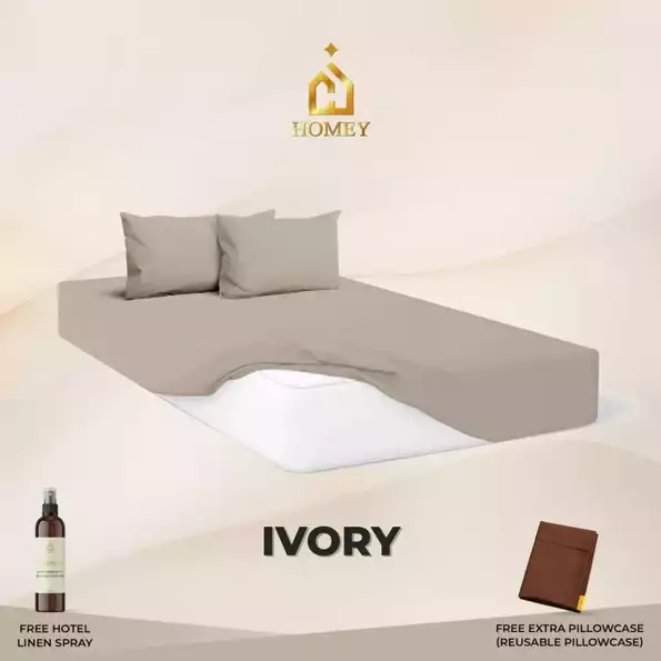 Product image - Ivory - 3in1 Fully Garterized Fitted Bedsheet Set with Pillowcases - 100% Cotton | Homey