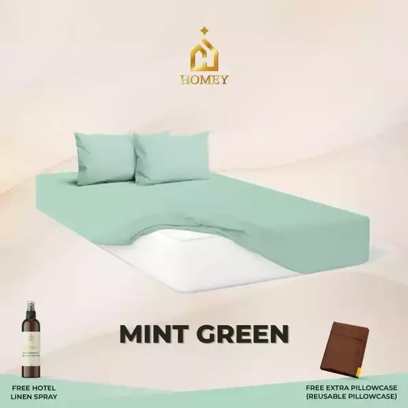 Product image - Mint Green - 3in1 Fully Garterized Fitted Bedsheet Set with Pillowcases - 100% Cotton | Homey