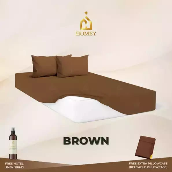 Product image - Brown - 3in1 Fully Garterized Fitted Bedsheet Set with Pillowcases - 100% Cotton | Homey