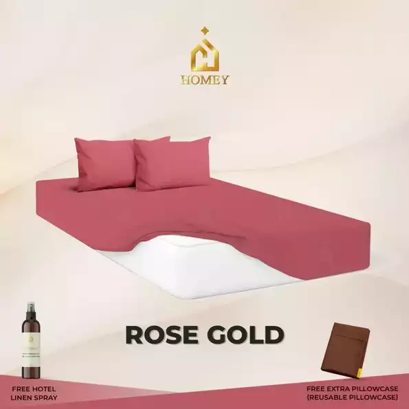 Product image - Rosegold Pink - 3in1 Fully Garterized Fitted Bedsheet Set with Pillowcases - 100% Cotton | Homey