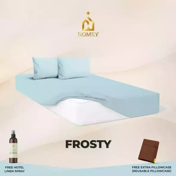 Product image - Frosty Blue - 3in1 Fully Garterized Fitted Bedsheet Set with Pillowcases - 100% Cotton | Homey