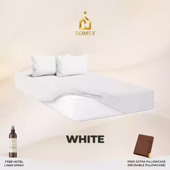 Product image - White - 3in1 Fully Garterized Fitted Bedsheet Set with Pillowcases - 100% Cotton | Homey