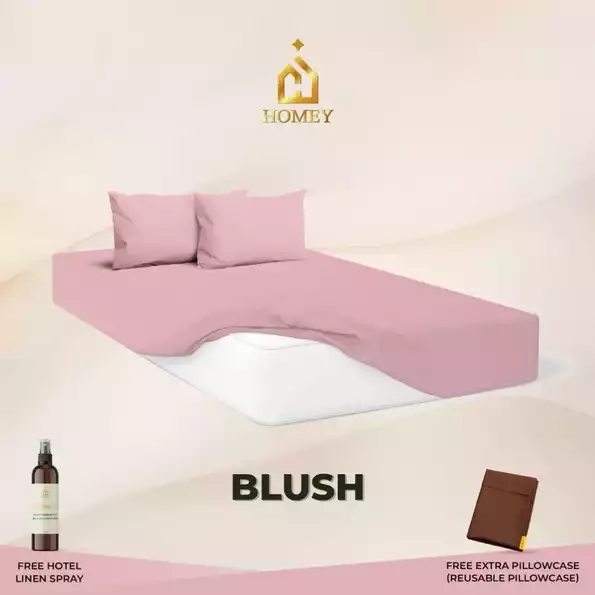 Product image - Blush Pink - 3in1 Fully Garterized Fitted Bedsheet Set with Pillowcases - 100% Cotton | Homey