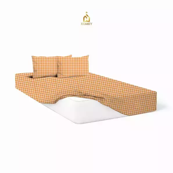 Product image - Orange Checkered - 3in1 Fully Garterized Fitted Bedsheet Set with Pillowcases - 100% Cotton | Homey
