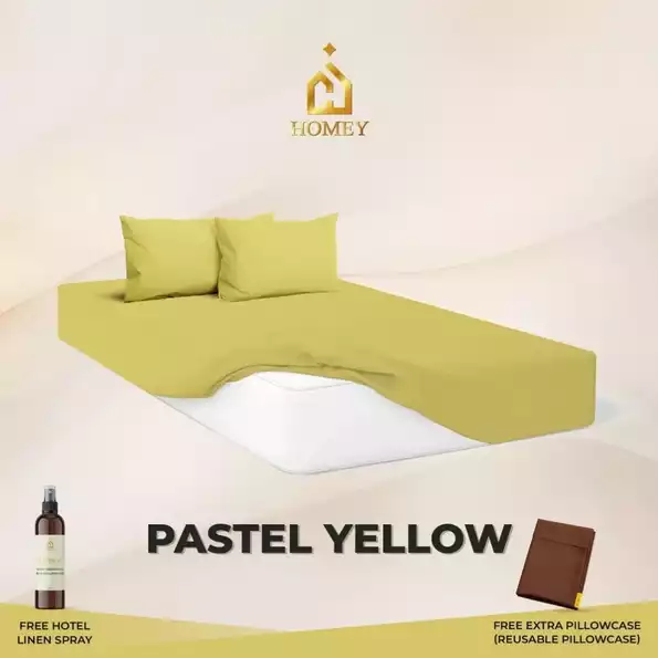 Product image - Pastel Yellow - 3in1 Fully Garterized Fitted Bedsheet Set with Pillowcases - 100% Cotton | Homey