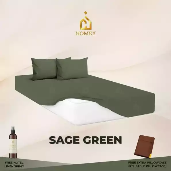 Product image - Sage Green - 3in1 Fully Garterized Fitted Bedsheet Set with Pillowcases - 100% Cotton | Homey