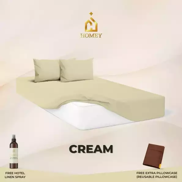 Product image - Cream - 3in1 Fully Garterized Fitted Bedsheet Set with Pillowcases - 100% Cotton | Homey