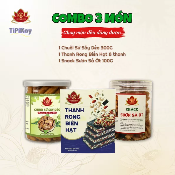 Product image - [Combo 3 món] 1 Chuối Sứ Sấy Dẻo 300G + 1 Thanh Rong Biển Hạt 144G + 1 Snack Sườn Sả Ớt 100G
