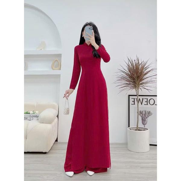 Product image - Áo dài đỏ trơn đỏ đô áo dài lụa mỹ 2 tà áo dài thiết kế