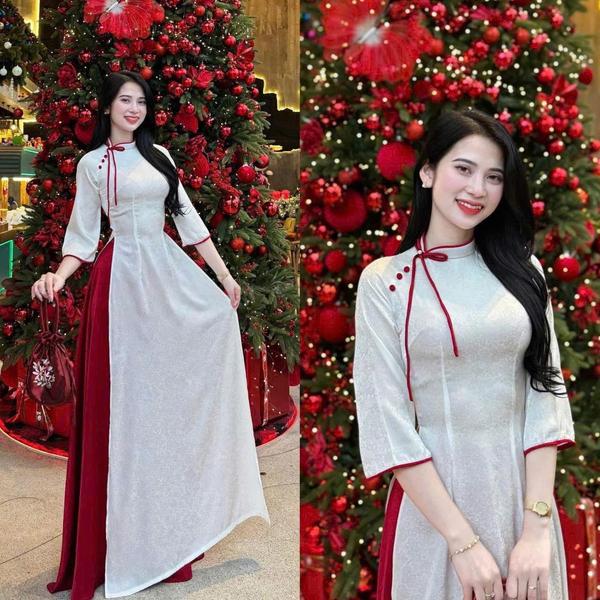 Product image - Áo Dài Nữ Cách Tân Gấm Hoa Cổ Chéo Né Cổ, Tay Đính Nơ Cúc Bọc Siêu Xinh _ Áo Dài Nấm House