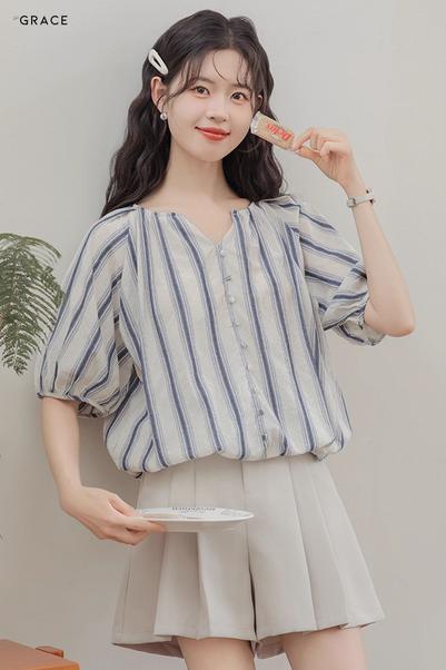 Product image - Sơ mi cộc tay họa tiết sọc De Grace chất cotton Hàn Quốc - SM062