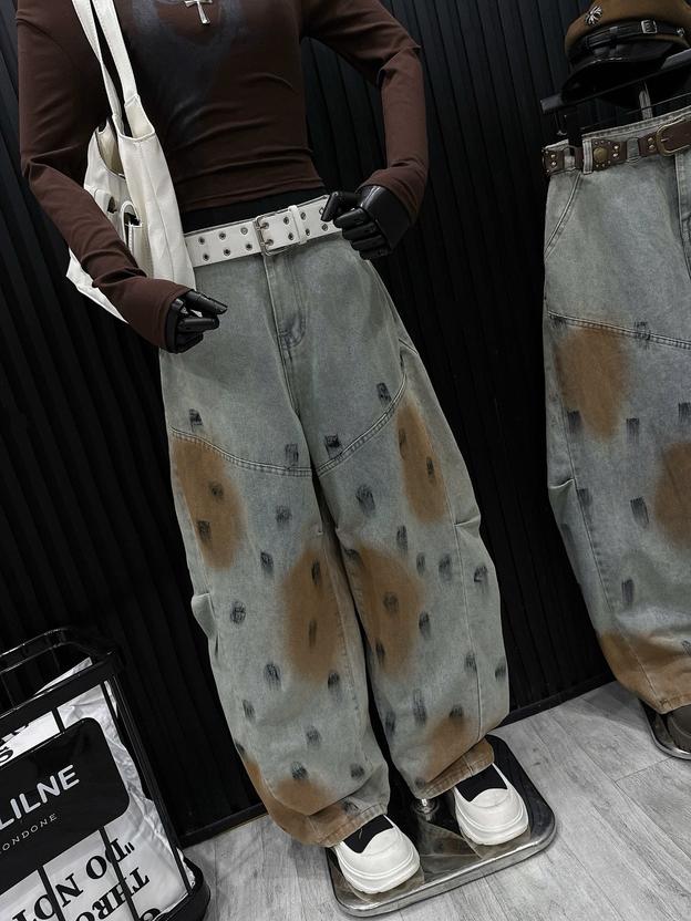 Product image - quần jean màu nâu rêu phối màu cá tính