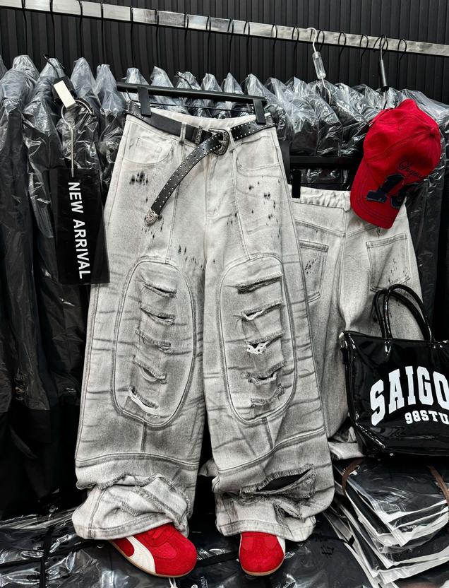 Product image - quần jean 2 lớp trắng mài rách, lót đen