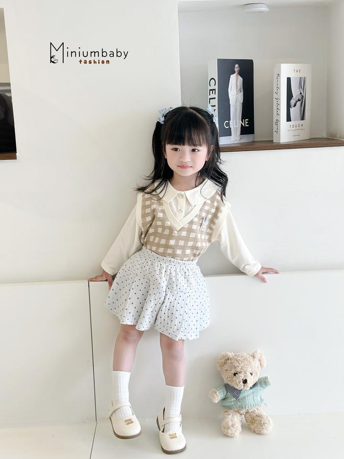 SB2224- bộ ghi lê kẻ phối quần váy bi