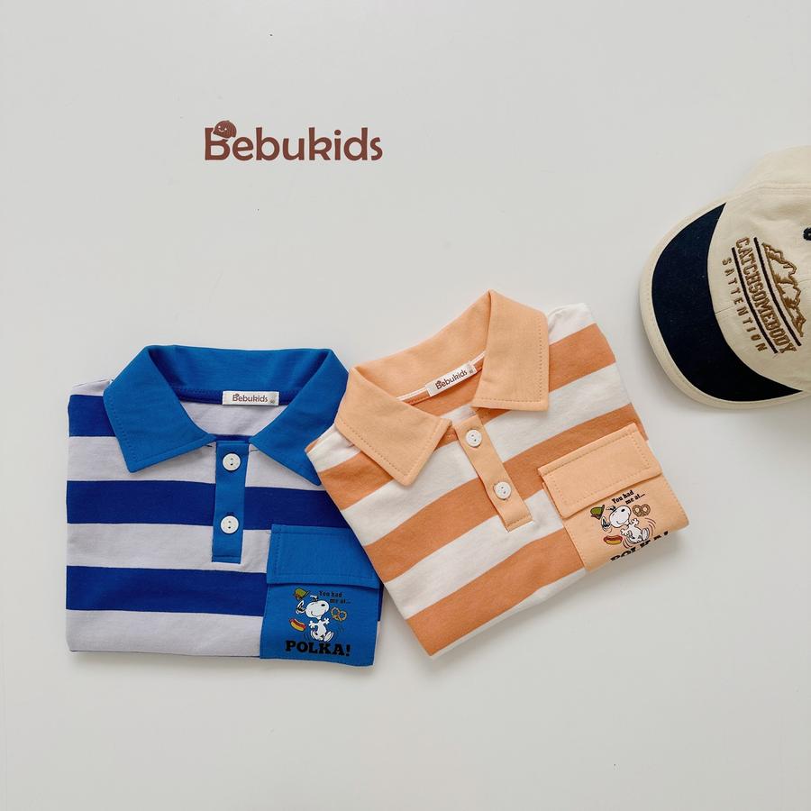 SB2228- bộ polo sọc ngang túi ngực in chó polka