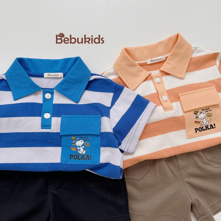 SB2228- bộ polo sọc ngang túi ngực in chó polka