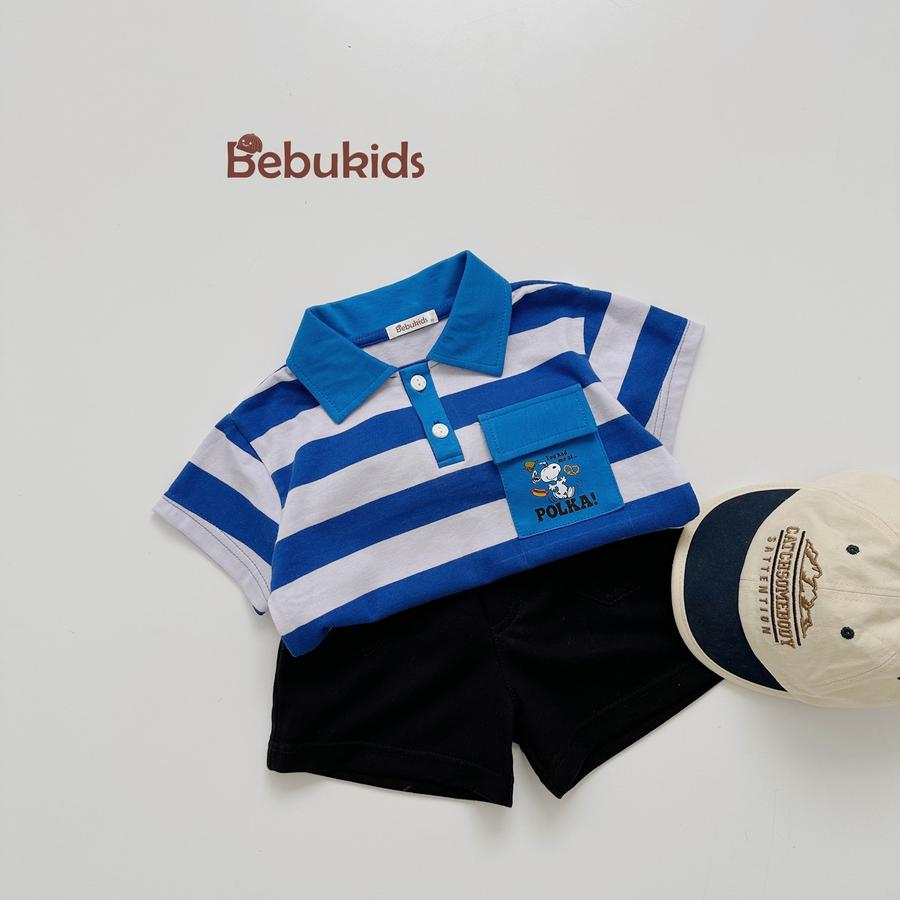 SB2228- bộ polo sọc ngang túi ngực in chó polka