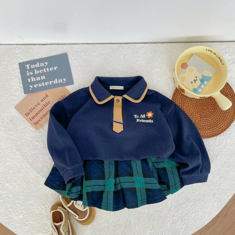 SB2092- bộ dài tay cà vạt bé gái in hoa, to all friends xanh