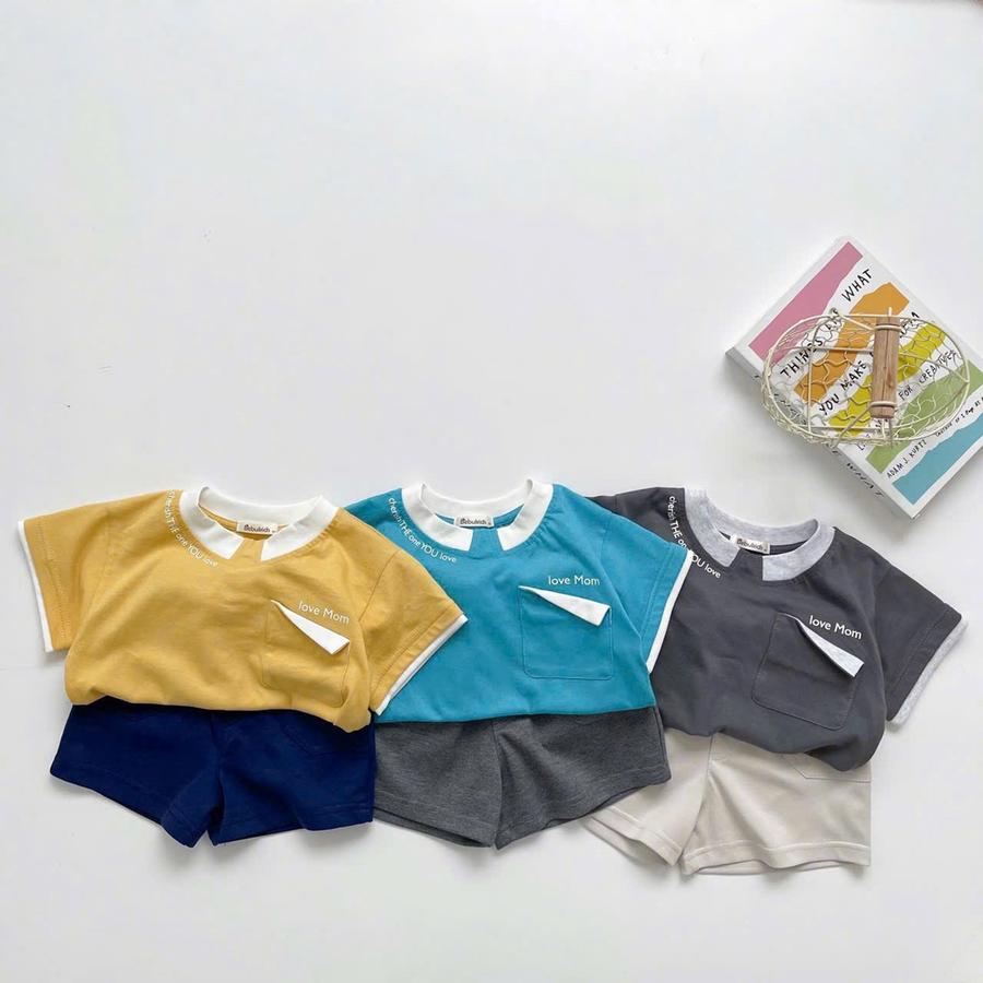 SB2166- bộ cộc tay in chữ cổ, túi ngực gập mép in love mom