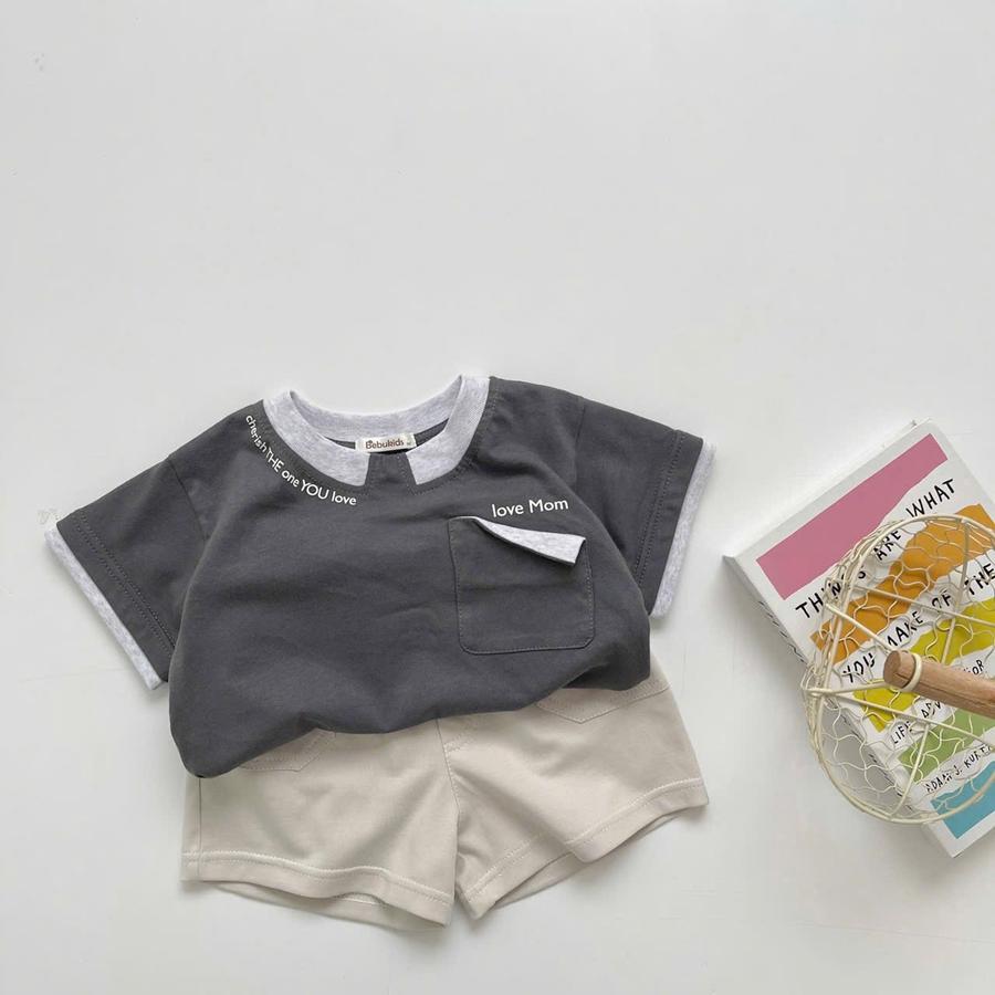 SB2166- bộ cộc tay in chữ cổ, túi ngực gập mép in love mom