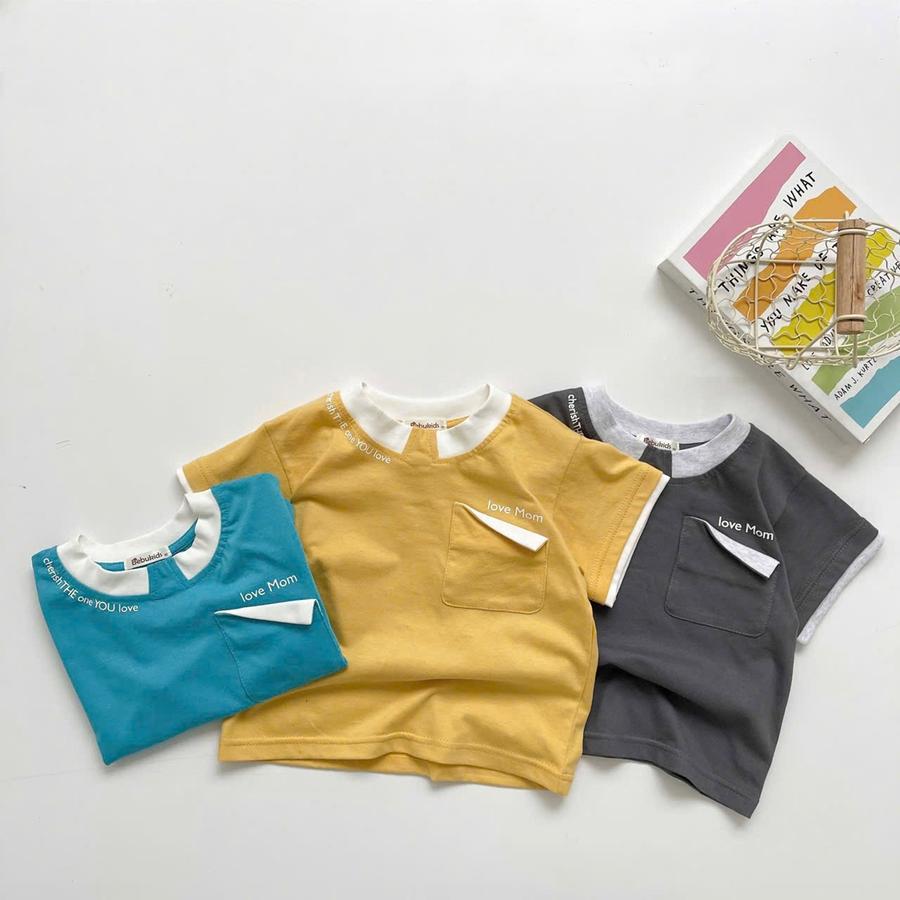 SB2166- bộ cộc tay in chữ cổ, túi ngực gập mép in love mom