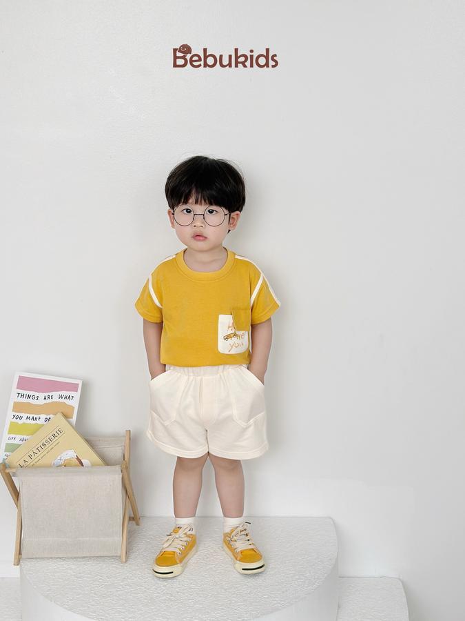 SB2223- bộ cộc tay phối lé vai, nách,túi ngực in chữ how are you