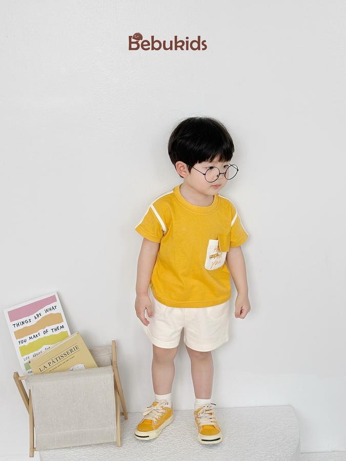 SB2223- bộ cộc tay phối lé vai, nách,túi ngực in chữ how are you