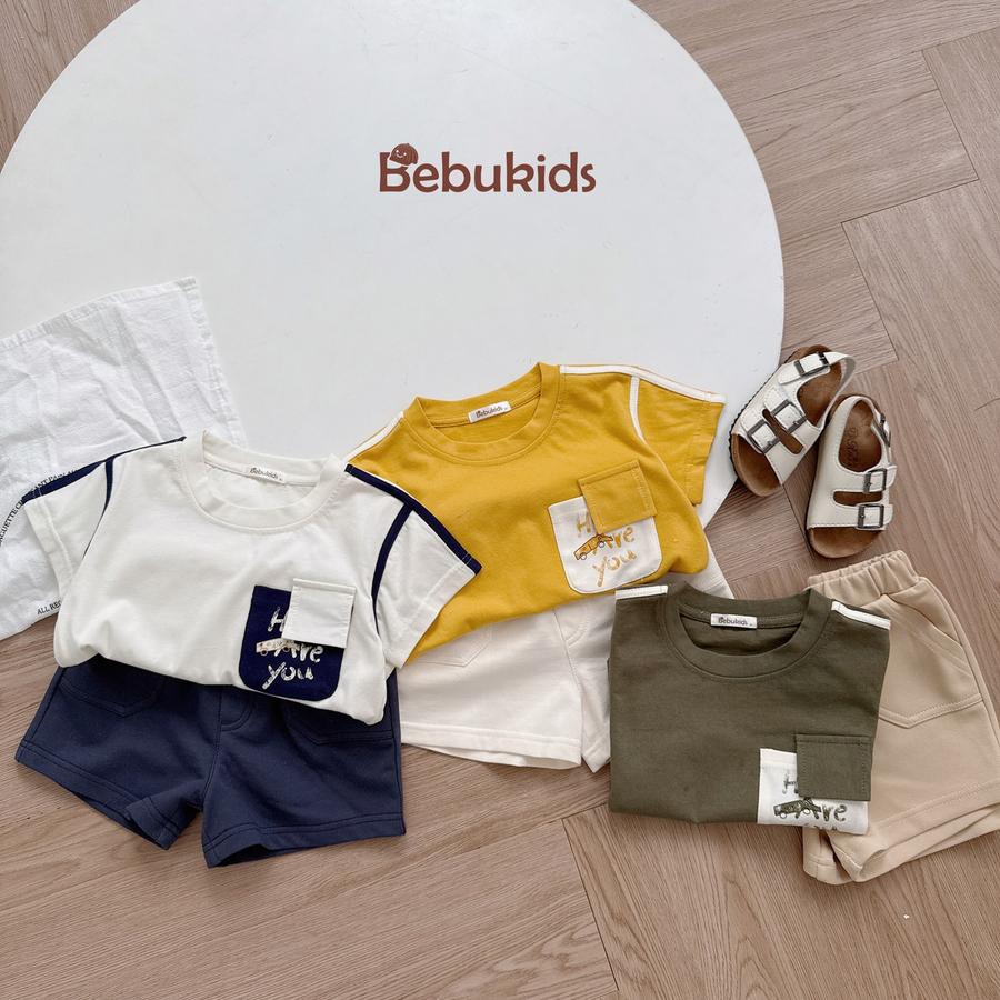 SB2223- bộ cộc tay phối lé vai, nách,túi ngực in chữ how are you