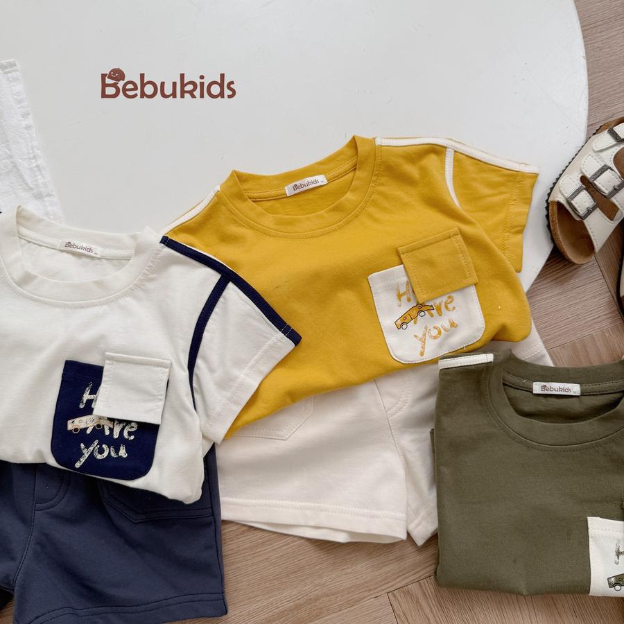 SB2223- bộ cộc tay phối lé vai, nách,túi ngực in chữ how are you