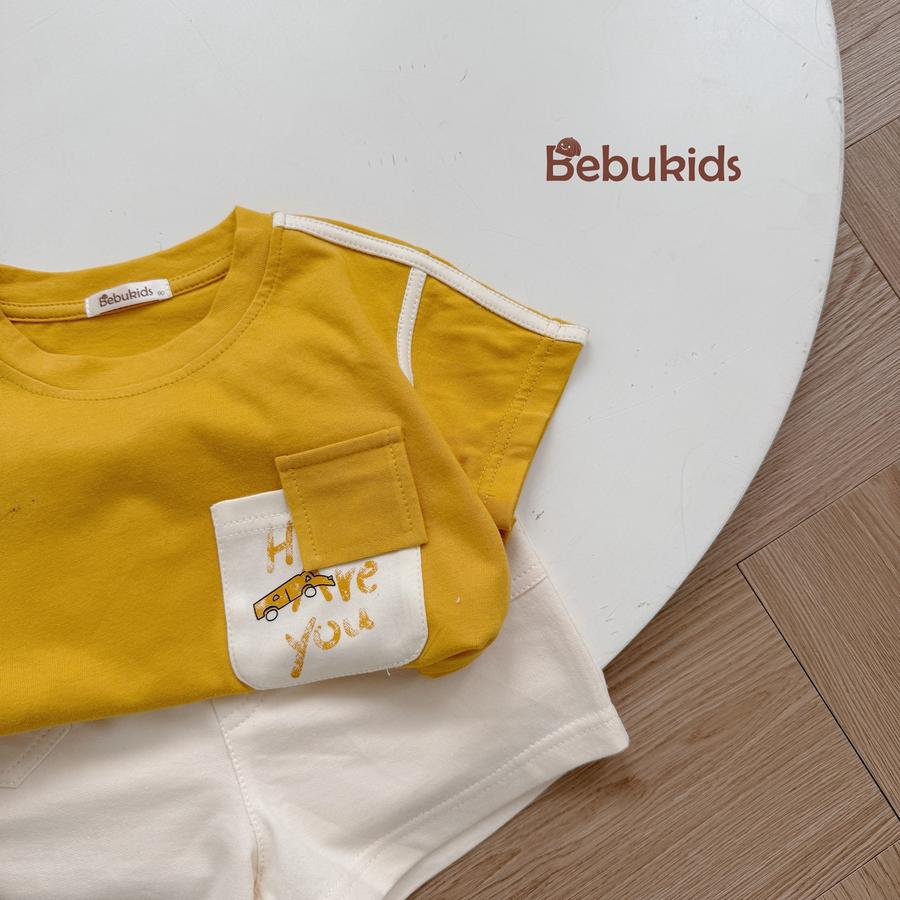 SB2223- bộ cộc tay phối lé vai, nách,túi ngực in chữ how are you