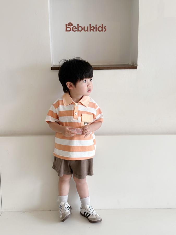 SB2228- bộ polo sọc ngang túi ngực in chó polka