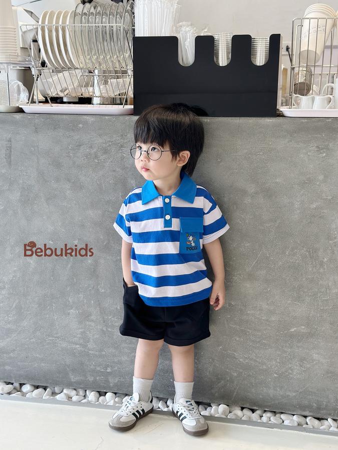 SB2228- bộ polo sọc ngang túi ngực in chó polka