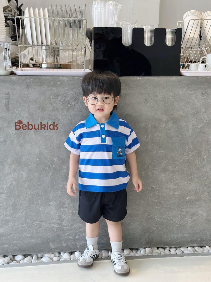 SB2228- bộ polo sọc ngang túi ngực in chó polka