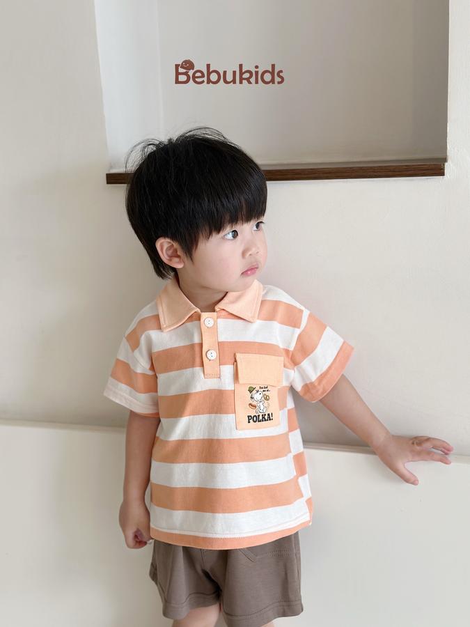 SB2228- bộ polo sọc ngang túi ngực in chó polka