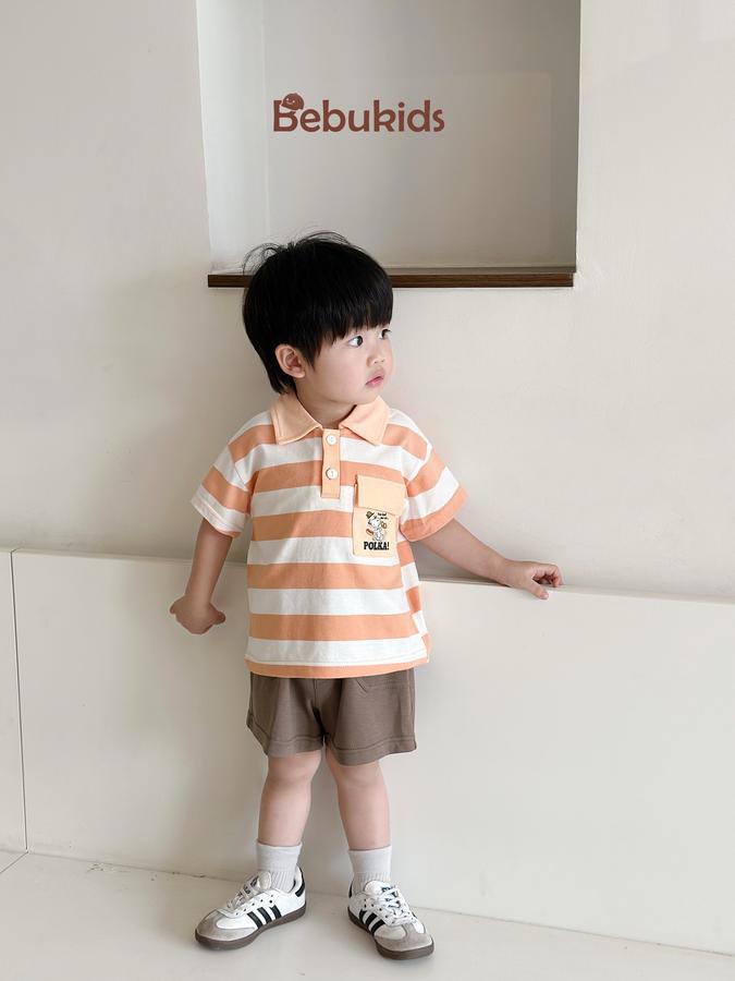 SB2228- bộ polo sọc ngang túi ngực in chó polka