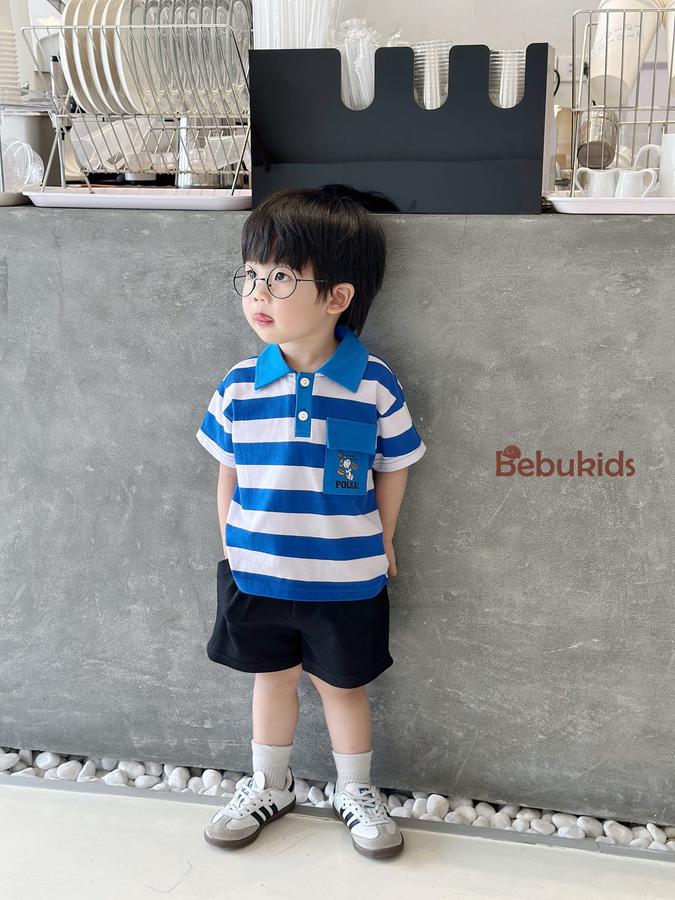 SB2228- bộ polo sọc ngang túi ngực in chó polka