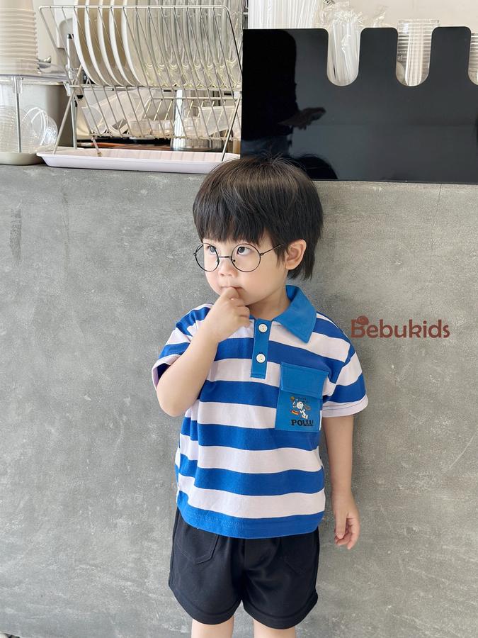 SB2228- bộ polo sọc ngang túi ngực in chó polka