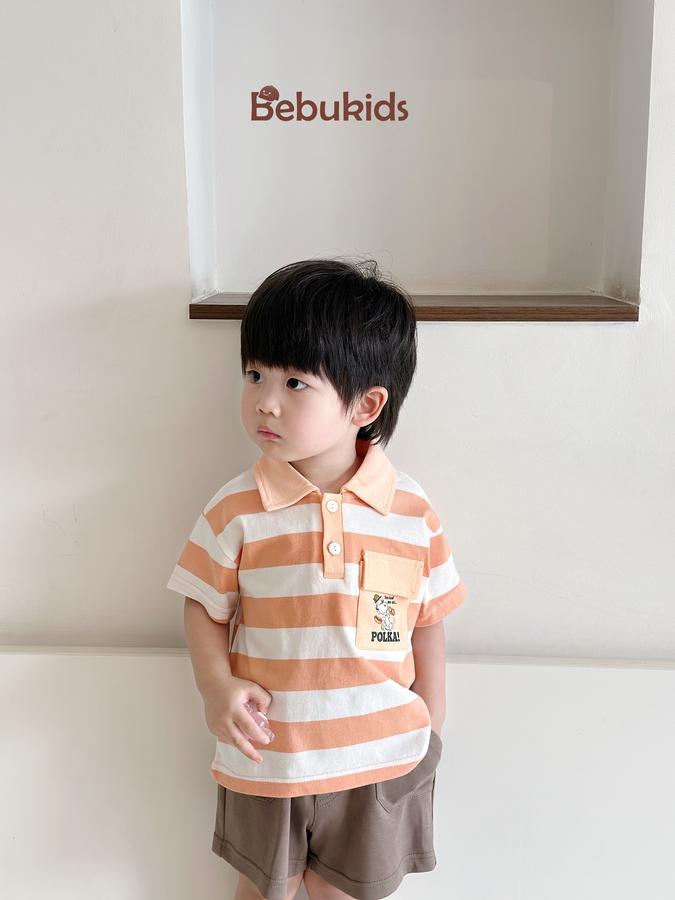 SB2228- bộ polo sọc ngang túi ngực in chó polka