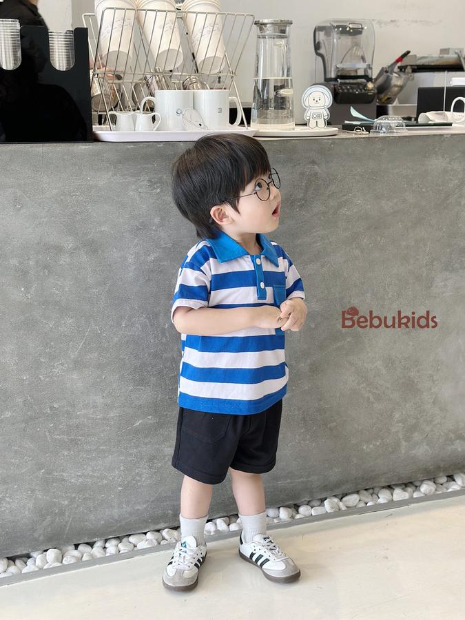 SB2228- bộ polo sọc ngang túi ngực in chó polka