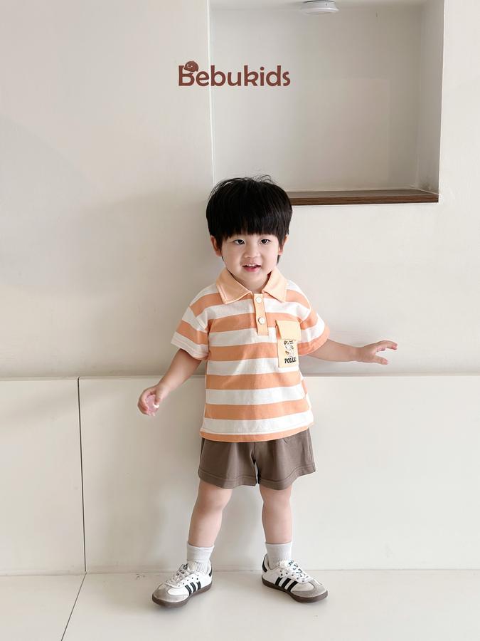 SB2228- bộ polo sọc ngang túi ngực in chó polka