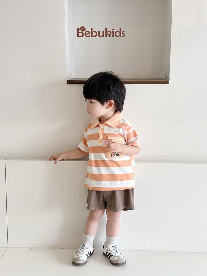 SB2228- bộ polo sọc ngang túi ngực in chó polka