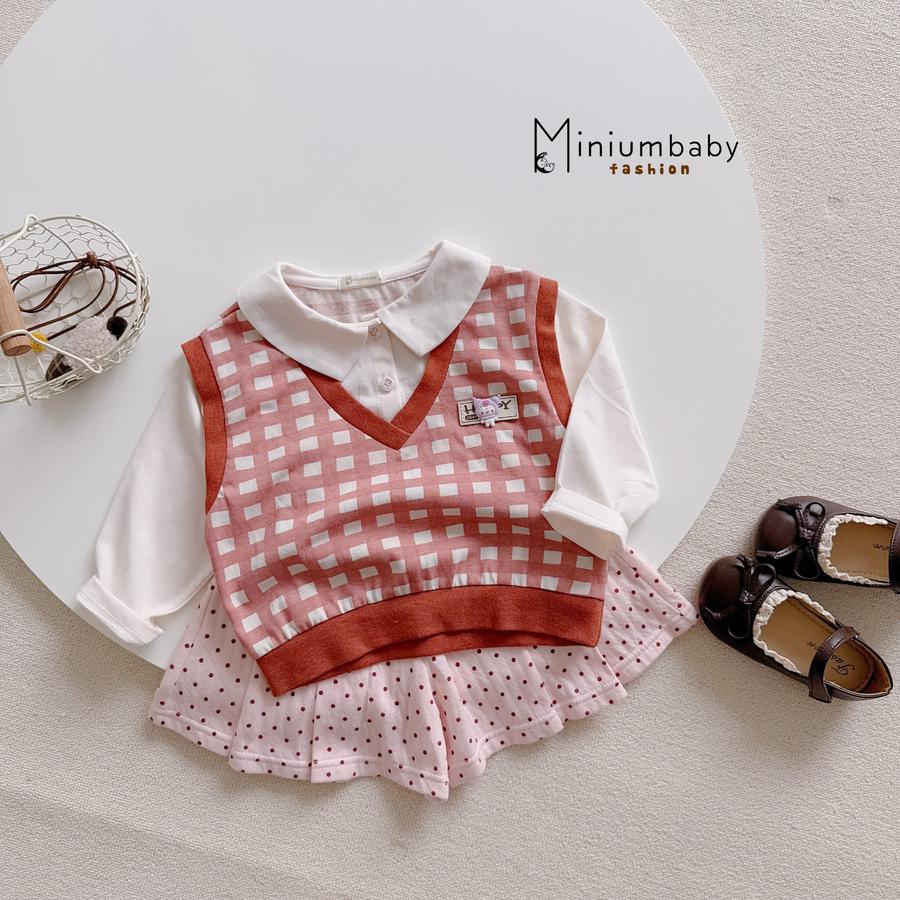 SB2224- bộ ghi lê kẻ phối quần váy bi kẻ đỏ