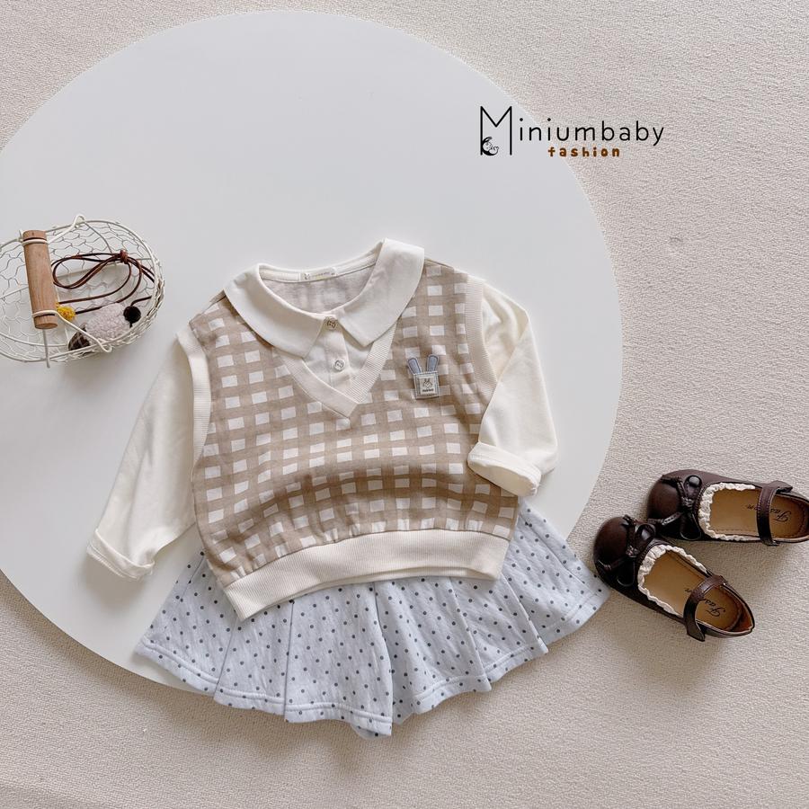 SB2224- bộ ghi lê kẻ phối quần váy bi kẻ nâu