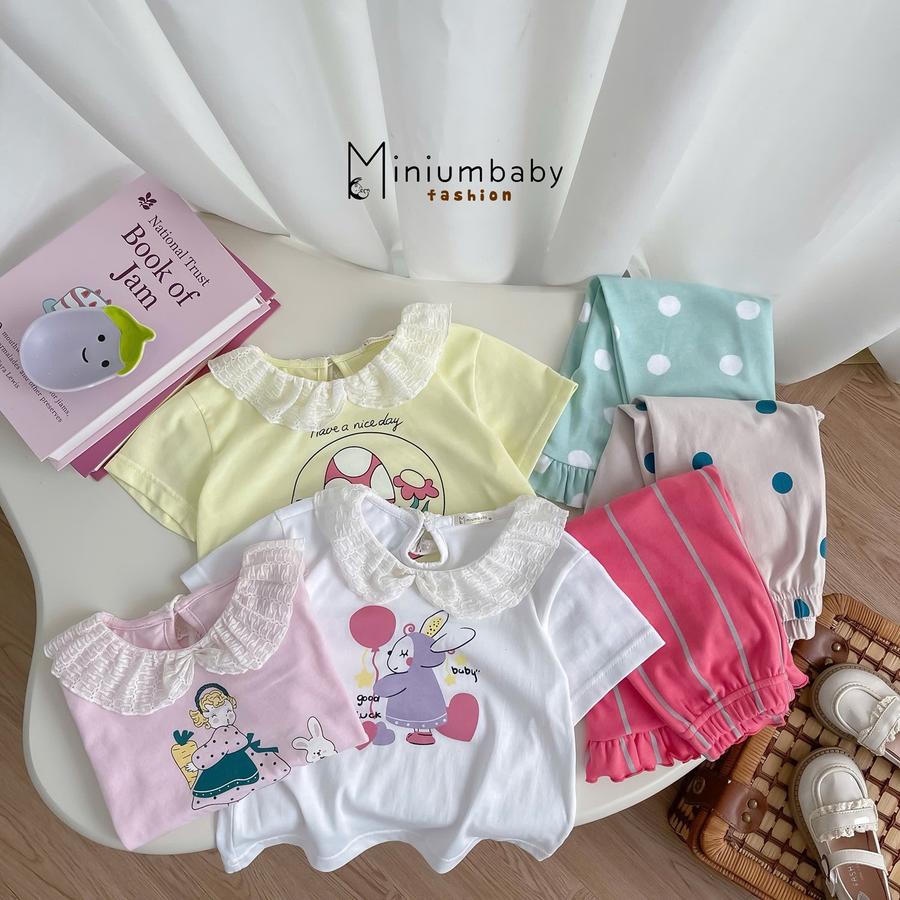 SB2288- bộ cộc tay bé gái cổ zen, in họa tiết thân trước, quần phối beò gấu