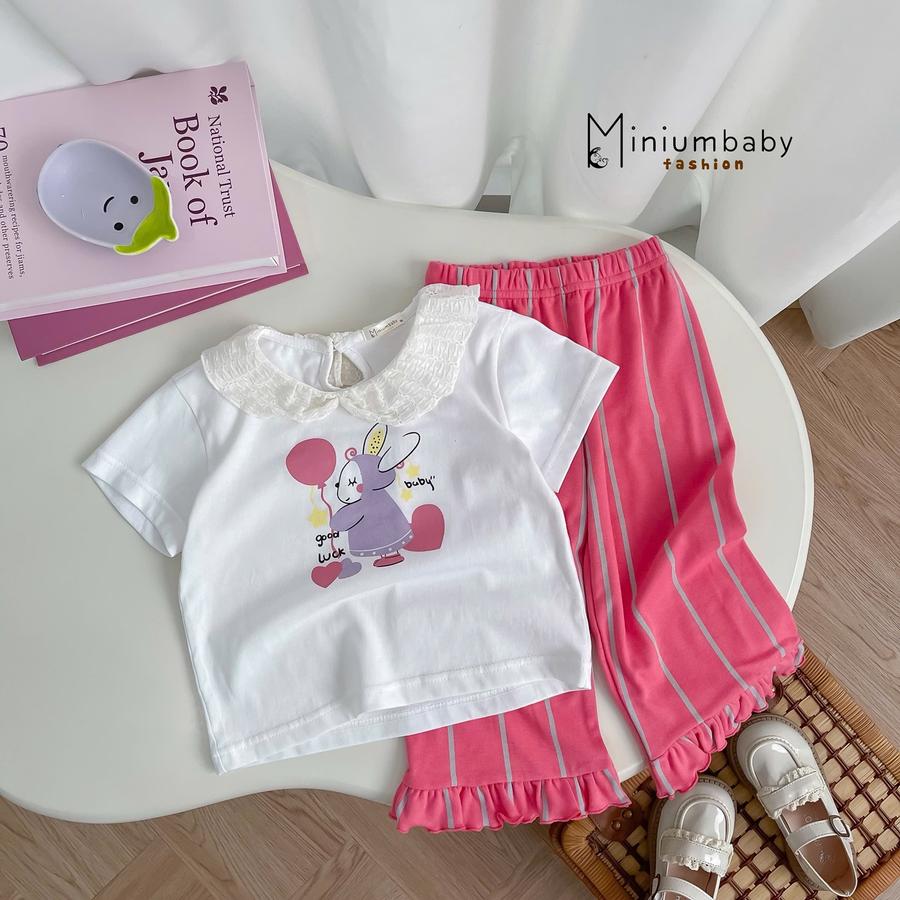 SB2288- bộ cộc tay bé gái cổ zen, in họa tiết thân trước, quần phối beò gấu