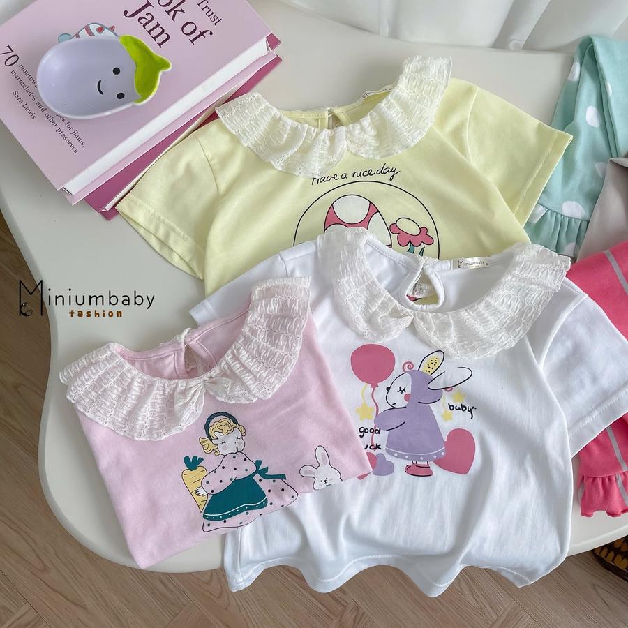 SB2288- bộ cộc tay bé gái cổ zen, in họa tiết thân trước, quần phối beò gấu