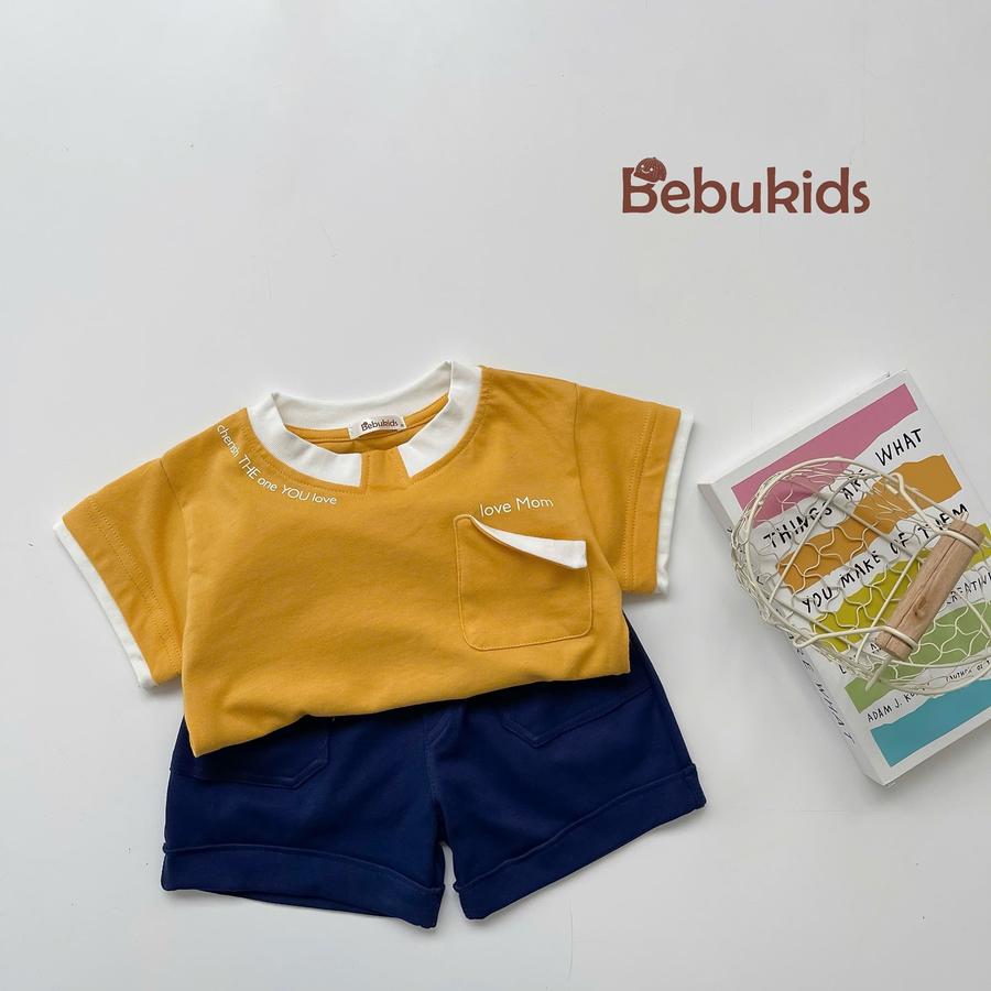 SB2166- bộ cộc tay in chữ cổ, túi ngực gập mép in love mom