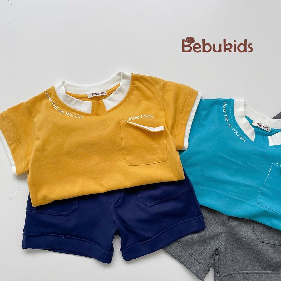 SB2166- bộ cộc tay in chữ cổ, túi ngực gập mép in love mom